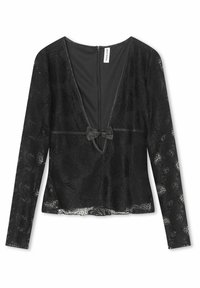 Schwarzes Spitzenshirt mit langen Ärmeln, tiefem V-Ausschnitt und Schleifendetail in der Taille. Mit Blumenmustern und einem Reißverschluss auf der Rückseite.