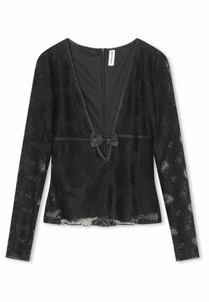 Black lace top with long sleeves, deep V-neck, and bow detail at the waist. Features floral patterns and a zip closure at the back.