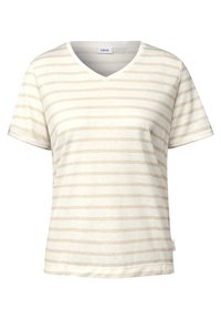 Lyscremet V-hals T-shirt med fine beige vandrette striber, lavet af blødt stof, har korte ærmer og en lige kant. Brandingtag synligt.