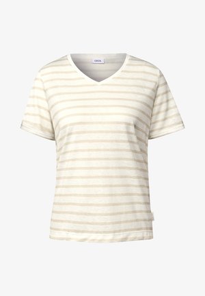 Hellbeige V-Ausschnitt-T-Shirt mit dünnen beigen horizontalen Streifen, aus weichem Stoff hergestellt, hat kurze Ärmel und einen geraden Saum. Markenlabel sichtbar.