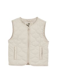 Quilted beige väst med dragkedja framtill, två sidofickor och rund halsringning. Har ett strukturerat mönster med slät tyg.