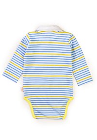 Body a maniche lunghe a righe blu e gialle con colletto bianco e bordatura gialla; realizzato in tessuto morbido e leggero.