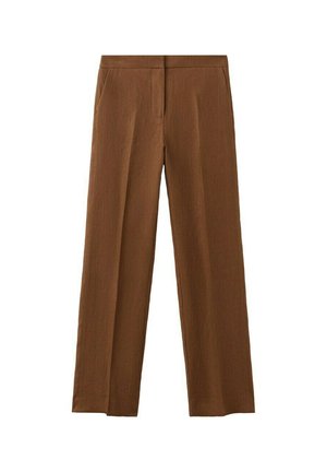 Pantalones marrones de corte recto con bolsillos delanteros y cierre frontal oculto, mostrados sobre un fondo blanco.