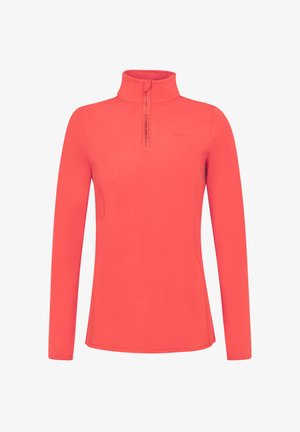 Langsleeve, zip-hals top in felcoral. Gemaakt van een soepele, rekbare stof met een aangesloten pasvorm en minimale branding aan de voorkant.