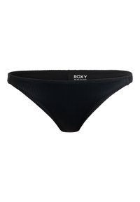 Black bikini bottom with ribbed texture, low-rise cut, and narrow sides. Features a Roxy logo on the back waistband.