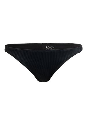 Black bikini bottom with ribbed texture, low-rise cut, and narrow sides. Features a Roxy logo on the back waistband.