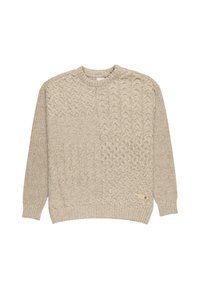 Beige gebreide trui met verschillende kabelpatronen, ronde halslijn, lange mouwen en een klein etiket aan de zoom.