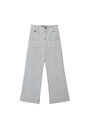 Jean large gris en denim de coton, avec une taille haute, deux poches avant et un détail de pli au niveau de l'ourlet.