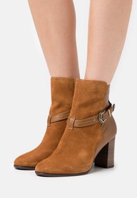 Bottines en daim marron avec un bout pointu, une sangle décorative à boucle et un talon empilé. Accents en cuir lisse sur les côtés.