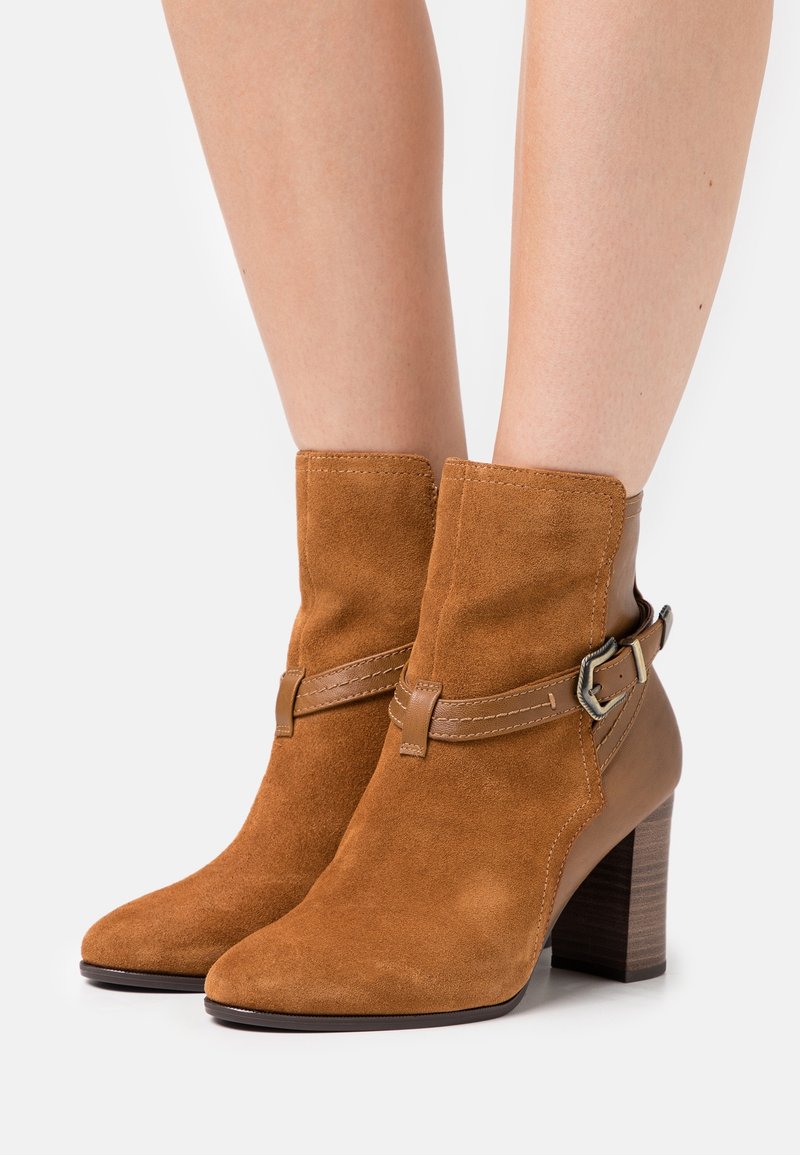 Bottines en daim marron avec un bout pointu, une sangle décorative à boucle et un talon empilé. Accents en cuir lisse sur les côtés.