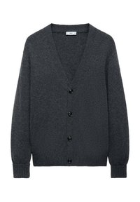 Charcoalgrauer Cardigan aus strukturiertem Strickstoff, mit V-Ausschnitt, langen Ärmeln und fünf schwarzen Knöpfen entlang der Vorderseite.