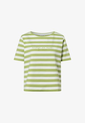 Grün-weiß gestreiftes T-Shirt mit kurzen Ärmeln und dem Schriftzug "Sundays are made for daisies" über der Brust.