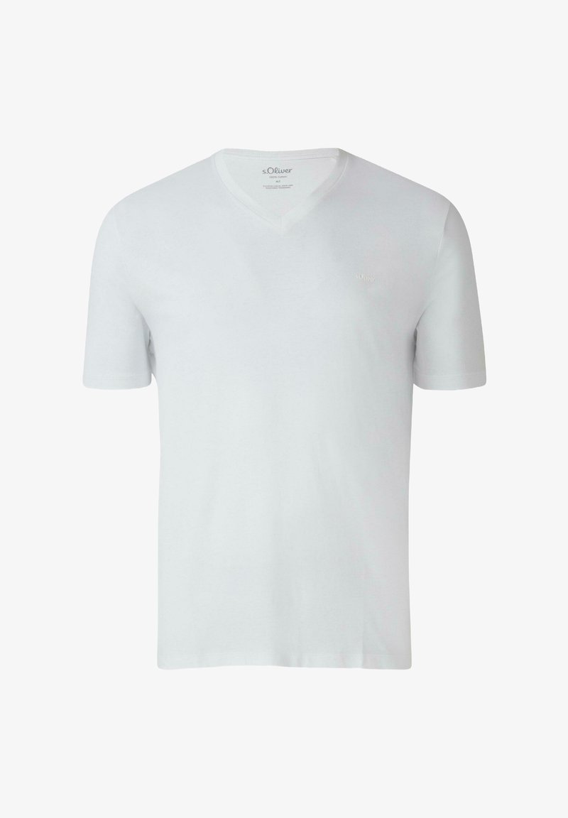 White V-neck t-shirt made of soft cotton fabric, featuring short sleeves and a subtle brand logo on the chest. Simple and clean design.