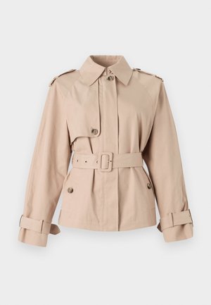 Beige Trenchcoat mit tailliertem Gürtel, großem Kragen, geknöpftem Vorderteil und aufgeschlagenen Ärmeln. Mit Schulterklappen und glatter Stoffoberfläche.