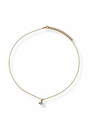 Delicate gold chain necklace with a small blue fish-shaped pendant and an adjustable clasp chain.