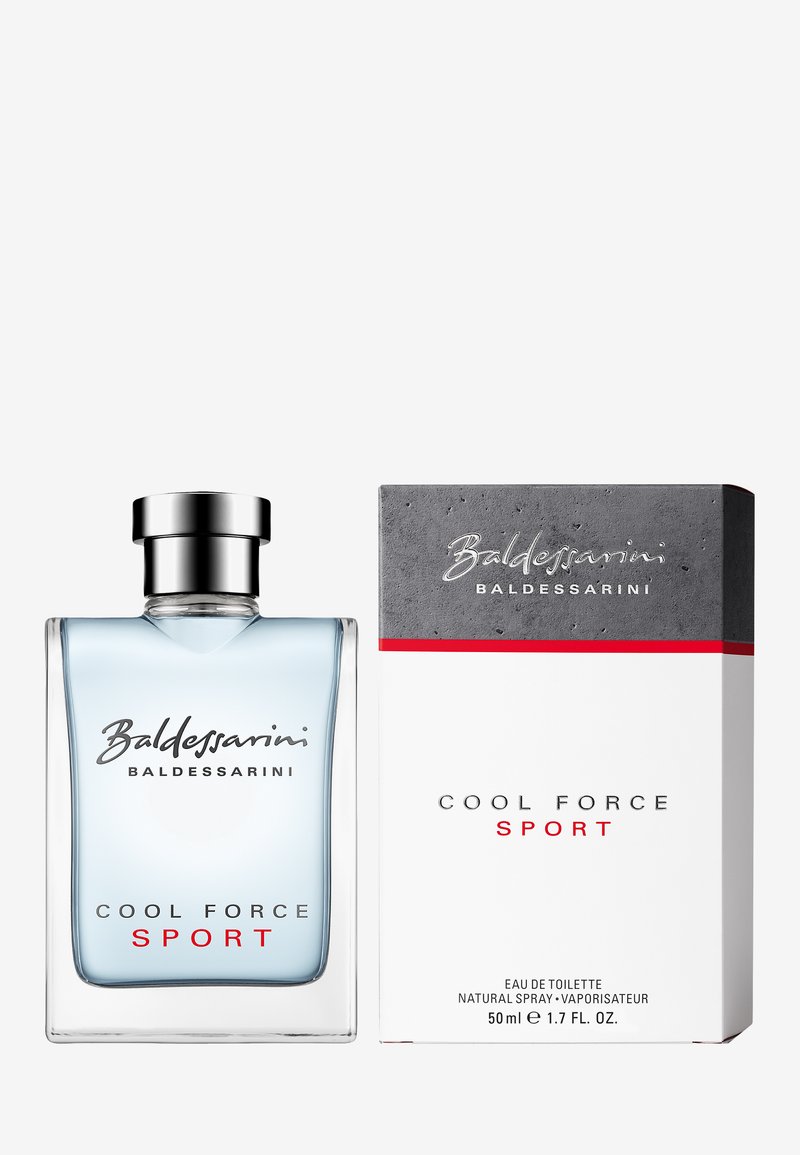 Baldessarini Cool Force Sport eau de toilette bottle and box with silver cap and gray, white packaging with red and black text.