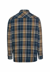 Langarm geruite overhemd in de kleuren blauw, bruin en crèmekleurig, met een button-down kraag en details bij de manchetten. Zachte stof met een ruitjespatroon.