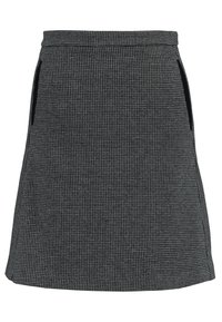 Harmaa ruutukuosiskaftan, jossa on tiukka vyötärö, levenevä muoto, kaksi sivutaskua ja sileä kankaan rakenne. Minimalistinen muotoilu.