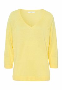 Gelber V-Ausschnitt-Pullover mit Dreiviertelärmeln, aus weichem, strukturiertem Stoff. Verfügt über eine lockere Passform sowie gerippte Bündchen und Saum.