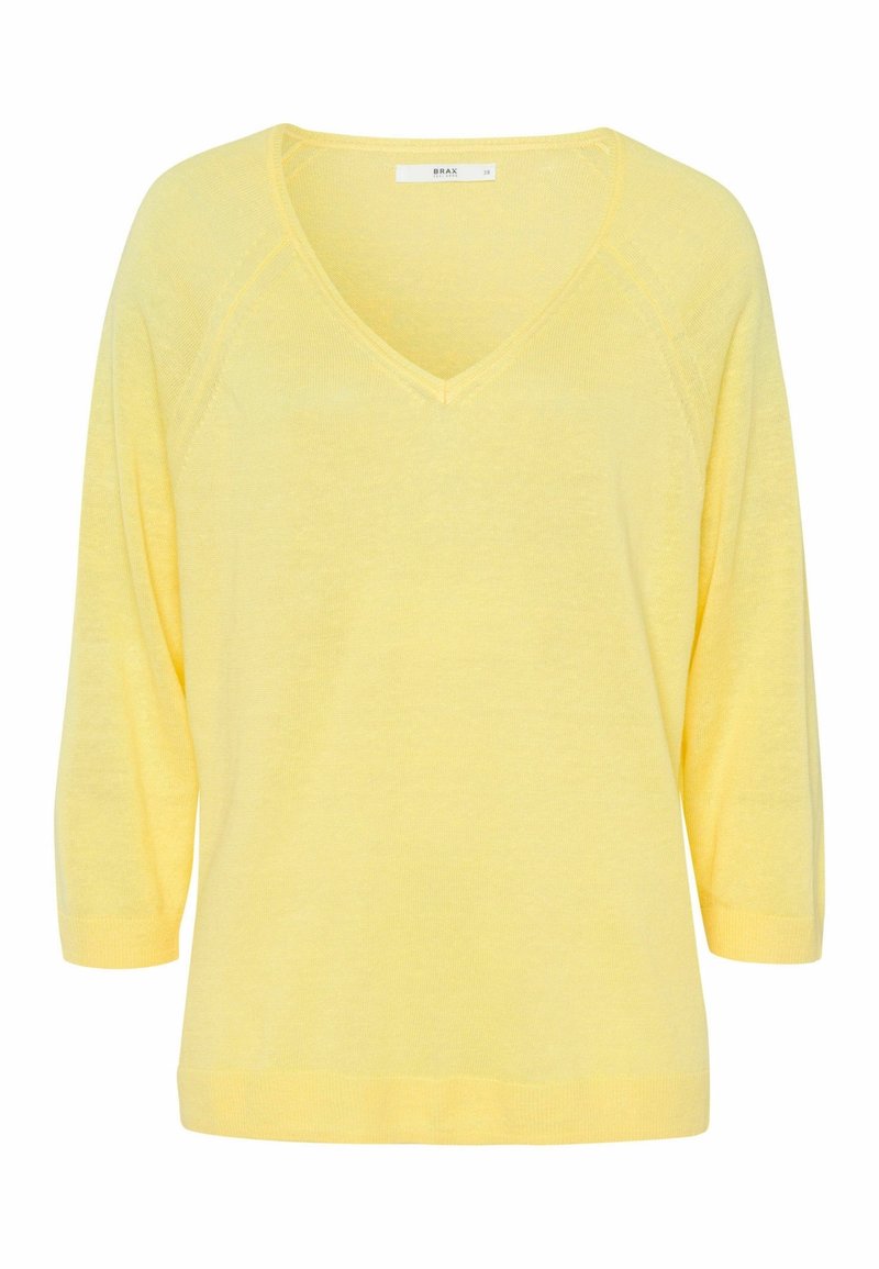 Gelber V-Ausschnitt-Pullover mit Dreiviertelärmeln, aus weichem, strukturiertem Stoff. Verfügt über eine lockere Passform sowie gerippte Bündchen und Saum.