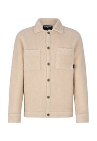 Beige fleece jacket with a button-up front, two chest pockets, and a collared neck. Features dark buttons and a soft, textured finish.