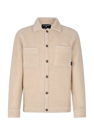 Beige fleece jacket with a button-up front, two chest pockets, and a collared neck. Features dark buttons and a soft, textured finish.