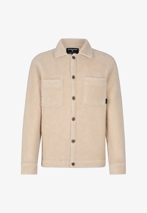 Beige Fleecejacke mit durchgehender Knopfleiste, zwei Brusttaschen und einem Kragen. Verfügt über dunkle Knöpfe und eine weiche, strukturierte Oberfläche.