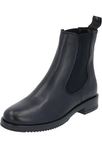 Bottine noire en cuir avec panneaux latéraux élastiques, bout arrondi et languette de tirage. Elle présente un petit talon bloc et une semelle en caoutchouc texturée.