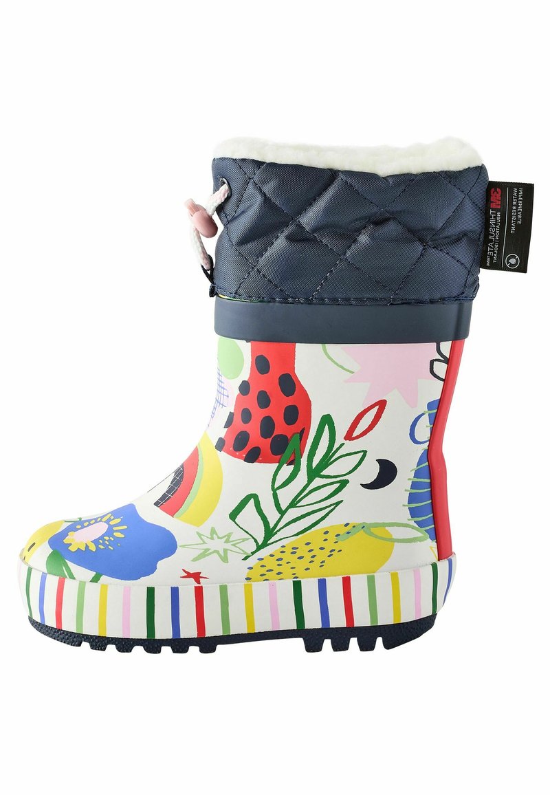 Bunt gemusterter, wasserdichter Gummistiefel mit floralen und fruchtigen Mustern, marineblauem, gestepptem Schaft, Kunstfellfutter und gestreifter Gummisohle.