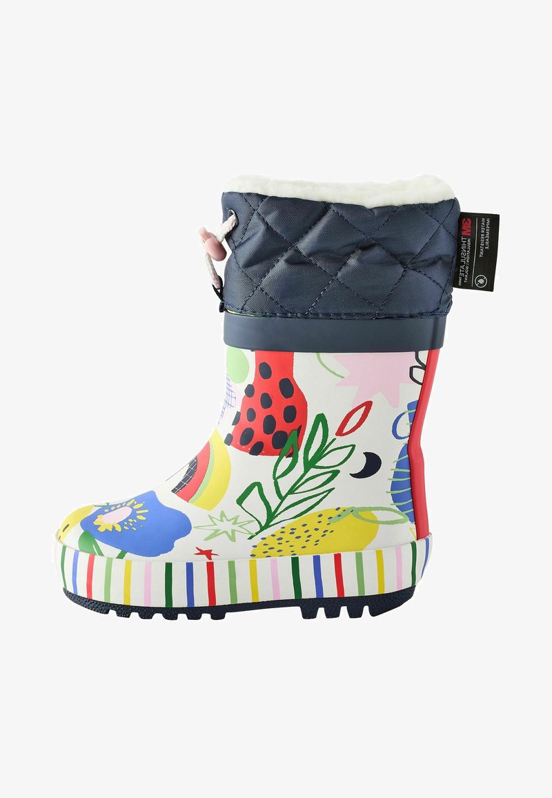 Multicolored waterproof rain boot with floral and fruit patterns, navy quilted upper, faux fur lining, and striped rubber sole.