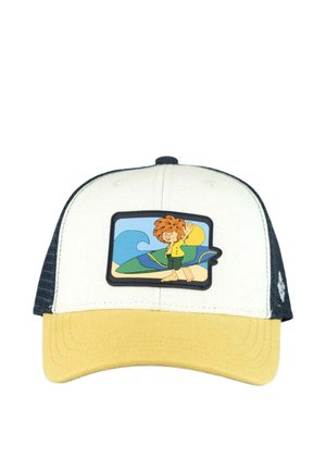Cap with white front, yellow brim, and black mesh back featuring cartoon of a barefoot boy waving on a beach with waves and sun.