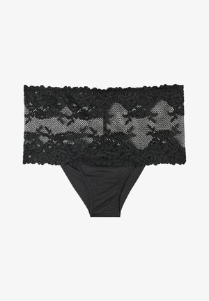 Sous-vêtements noirs avec dentelle ornée, présentant une large ceinture en dentelle et un tissu lisse. Le design inclut des motifs floraux en dentelle sur la ceinture.