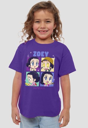 Purple t-shirt featuring cartoon characters in four colorful frames, with the name "ZOEY" prominently displayed in bold letters.