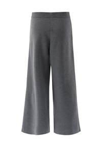 Graue weit geschnittene Hose aus weichem Stoff, mit einem nahtlosen Bund und lockerer Silhouette für Komfort. Keine sichtbaren Taschen oder Verzierungen.