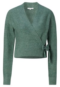 Grön stickad omslagströja med V-ringning, långa ärmar och en knutdetalj vid midjan. Strukturerad tyg med ett subtilt mönster.