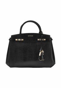 Sac à main noir avec motif crocodile texturé, garnitures en métal doré, double poignée supérieure et porte-clés pompon détachable.