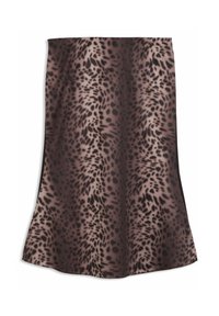 Brun og sort leopardmønstret midi-nederdel med subtil A-form og glat stoftekstur.