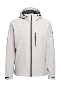 Jasnoszara kurtka zapinana na zamek z kapturem, z kieszenią z przodu, czarnym zamkiem i detalem z logo na lewym rękawie. Gładka tekstura materiału.