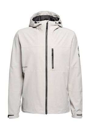 Lichtgrijze hoodie met ritssluiting, voorzien van een voorzak, zwarte ritssluiting en logo-detail op de linkermouw. Soepele stoftextuur.