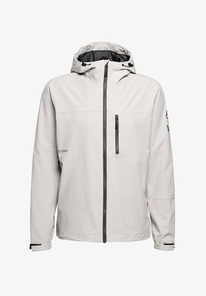 Veste zippée gris clair avec capuche, comportant une poche frontale, une fermeture éclair noire et un détail de logo sur la manche gauche. Tissu au toucher lisse.