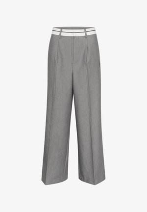 Pilki plačių kojų kelnių su balta dryžuota juosta, turinčios plunksneles ir lygią tekstūrą. Kietas dizainas su tiesiomis kojų išpjovomis.