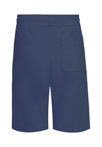 Pantalones cortos de algodón azul marino con una cinturilla elástica, que cuentan con un bolsillo trasero y una textura suave. Sin patrones visibles ni elementos metálicos.