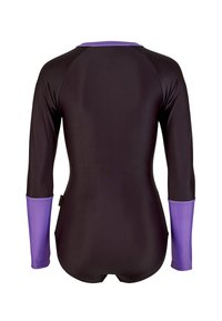 Body noir à manches longues avec des poignets et un col violets, vu de dos sur un fond blanc.