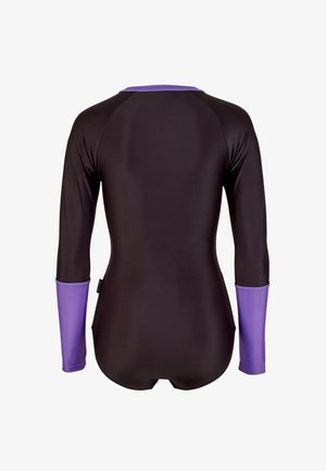 Black long-sleeve bodysuit with purple cuffs and neckline, shown from the back on a white background.