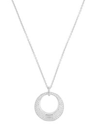Söljependant halsband med en cirkulär design och glänsande accenter samt en slät central öppning. Kedjan består av sammanlänkade länkar.