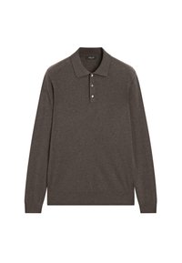 Polo a maniche lunghe in tessuto a maglia marrone scuro, con colletto e pattina con tre bottoni. Texture morbida con design semplice.