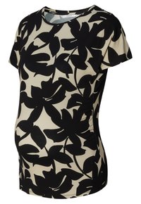 Zwangere t-shirt met een zwart bloempatroon op een beige achtergrond, met korte mouwen, ronde halslijn en een aansluitend ontwerp voor comfort.