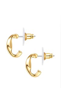 Guldtonade metallörhängen med en böjd design och glansig yta. Har en genomskinlig baksida och stift för säker användning.