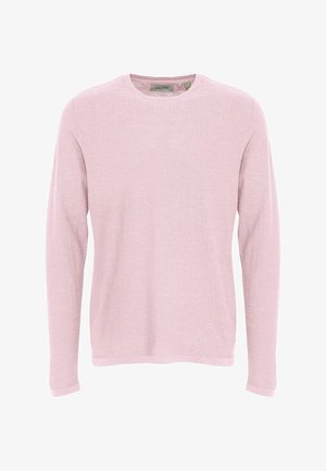Světle růžový svetr s dlouhým rukávem a kulatým výstřihem. Texturovaná tkanina s jemným vzhledem, obsahující minimální detaily a žádný viditelný kovový prvek.