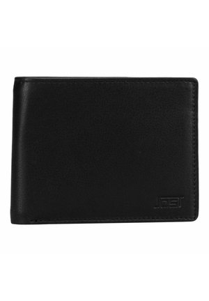 Zwarte leren bifold portemonnee met subtiel reliëflogo rechtsonder, gesloten en van voren getoond.